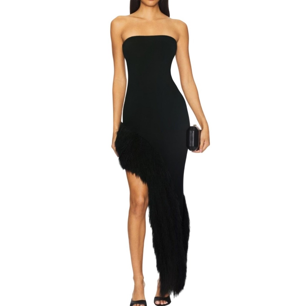 NBD Aubrey Strapless Faux Fur Trim Gown Black Midweight Knit Dress M NEW Revolve